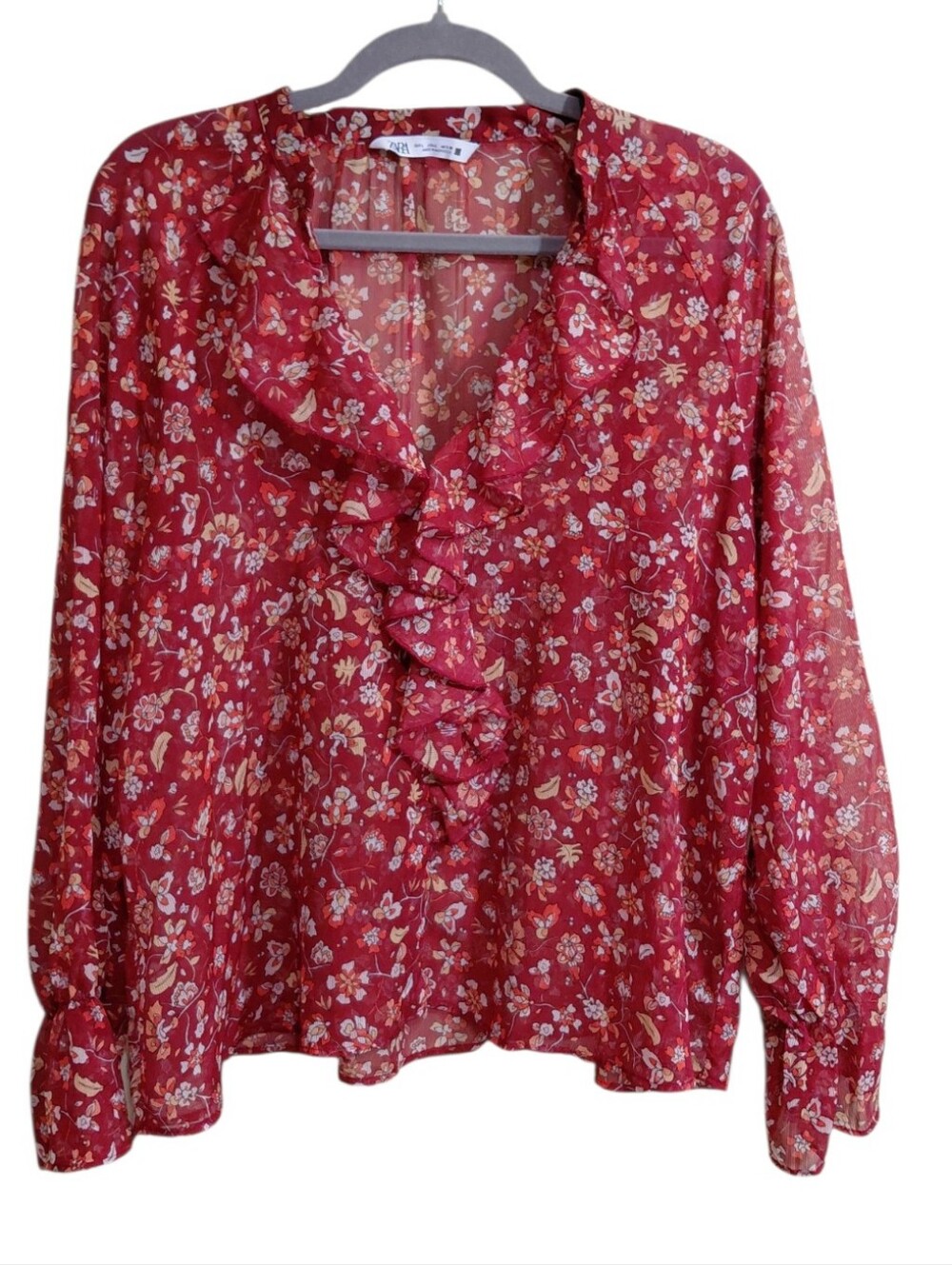 Zara Red Floral Ruffle Blouse